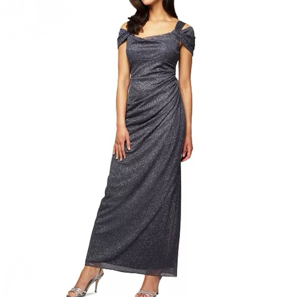 Alex Evenings Gray Glitter Draped Shoulder Cowl Neck Stretch Dress Gown Size 10